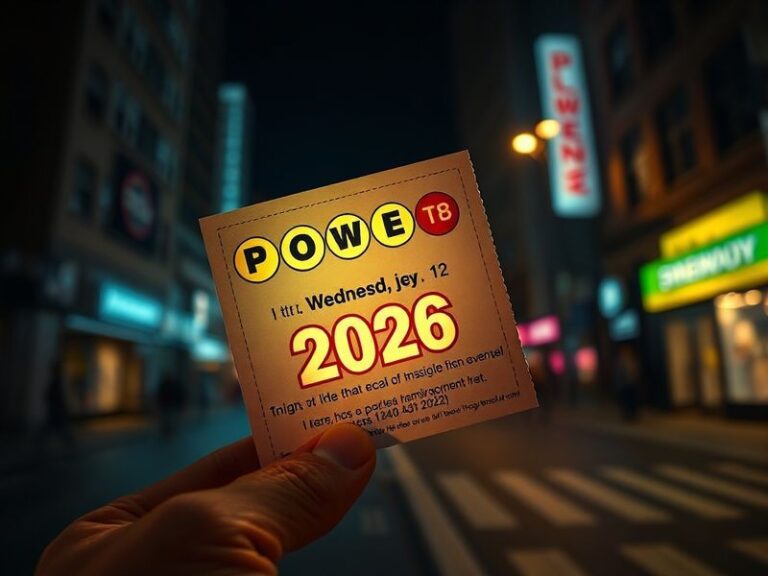 A split-screen image showing a digital lottery screen with the Wednesday Powerball results 2026 on one side and a diverse gro