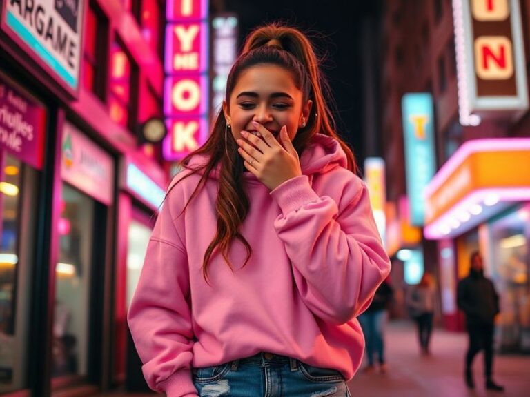 A split-screen image: on the left, Ariana Grande performing on stage with a microphone, wearing a sparkling outfit; on the ri