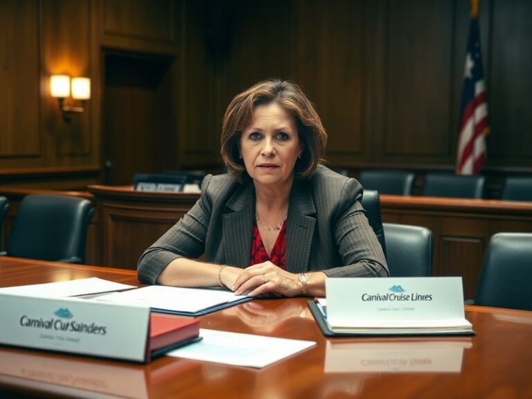 A courtroom sketch showing Diana Sanders seated with her attorney, facing a Carnival Cruise Line defense team. The judge and