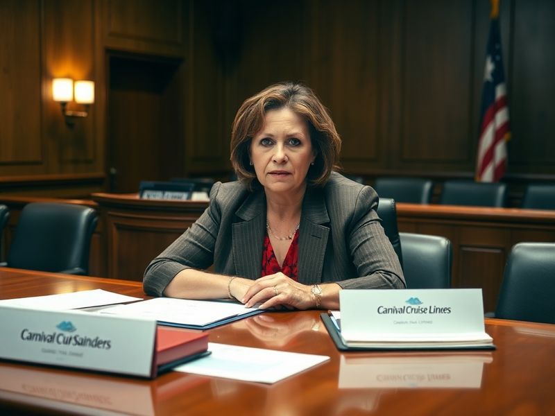 A courtroom sketch showing Diana Sanders seated with her attorney, facing a Carnival Cruise Line defense team. The judge and