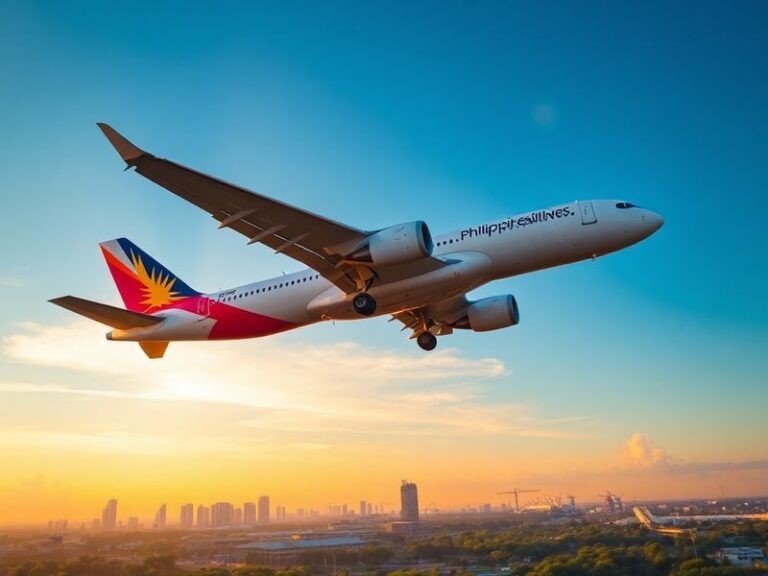 A modern Philippine Airlines Airbus A350 taxiing at an airport with Manila skyline in background, golden hour lighting, showc