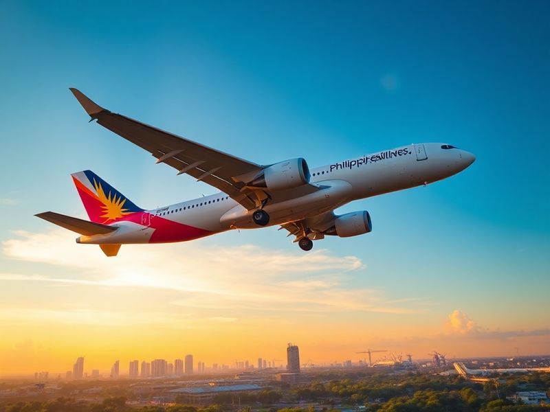 A modern Philippine Airlines Airbus A350 taxiing at an airport with Manila skyline in background, golden hour lighting, showc