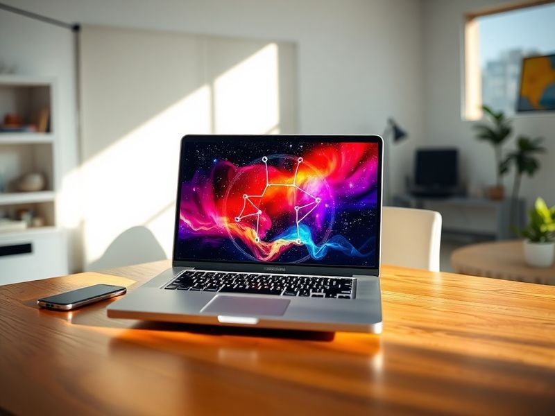 A sleek, modern 14-inch Gemini Mac laptop open on a wooden desk, displaying its Retina screen. The background features a mini