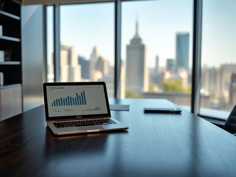 A modern glass-and-steel office building with 'T. Rowe Price' signage, featuring diverse professionals in business attire wal