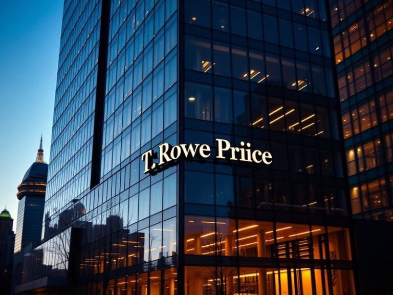 A professional, modern office interior with T. Rowe Price branding on the wall, featuring analysts reviewing financial charts