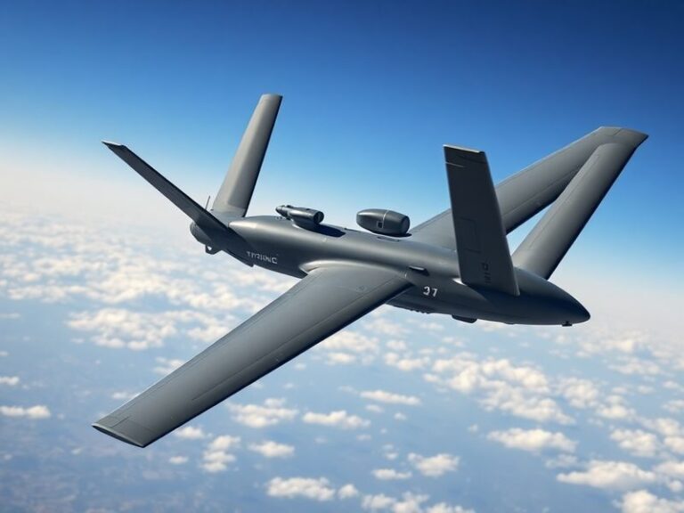 A high-altitude view of the MQ-4C Triton in flight over the ocean, showcasing its sleek design and sensor arrays against a ba