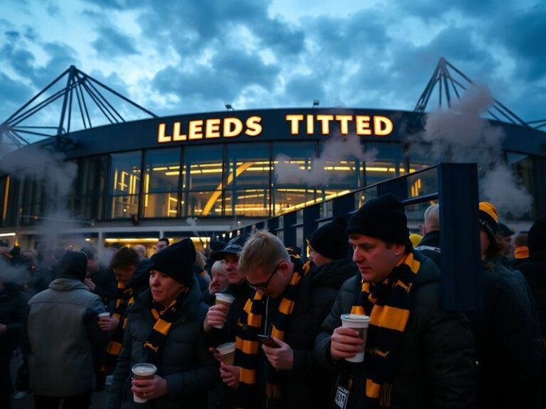 A vibrant matchday scene at Elland Road, with fans in white and yellow scarves cheering in the South Stand, the stadium’s ico