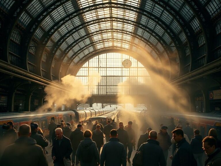 A daytime view of Liverpool Street Station’s historic facade and modern glass-and-steel concourse, showcasing its architectur