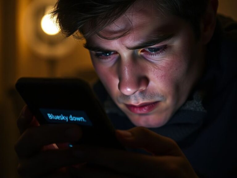 A split-screen visual showing a frustrated user staring at a loading screen on Bluesky alongside a server rack with warning l
