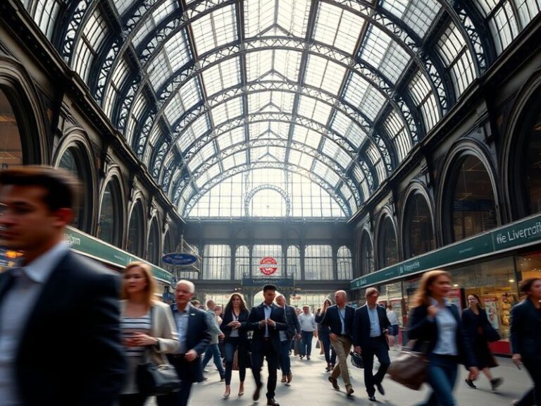 A vibrant daytime scene at Liverpool Street Station in London, showcasing the historic Victorian architecture of the station,
