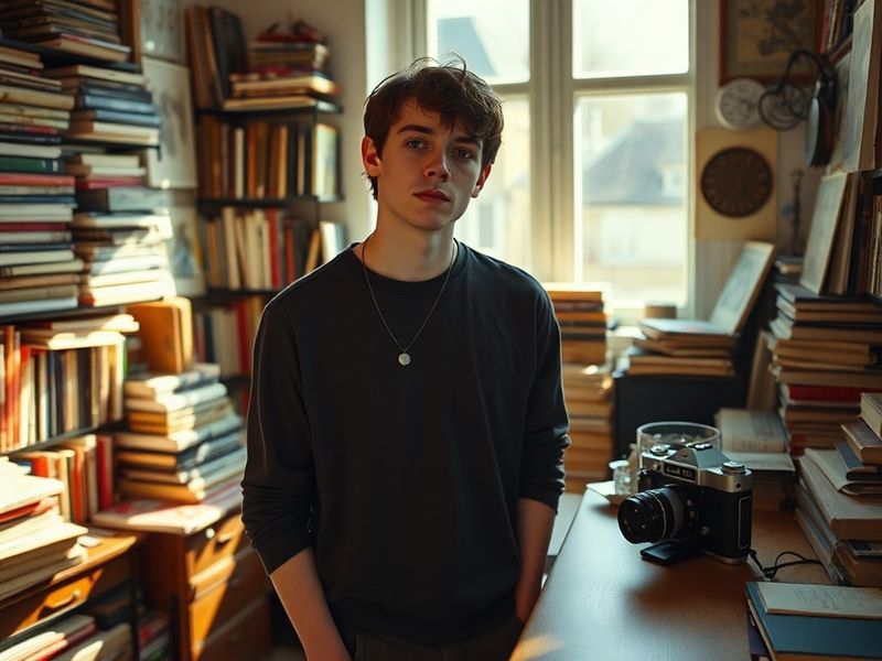 A reflective portrait of Asa Butterfield in his mid-20s, wearing a casual jacket and looking thoughtfully into the camera, wi