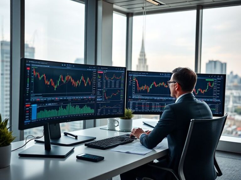 A modern office building with the T. Rowe Price logo, set against a Baltimore skyline at dusk. The scene includes a diverse g