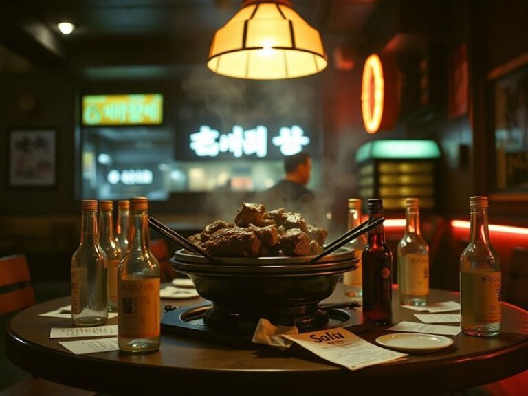 A split-screen image featuring Ali Wong and Steven Yeun in intense mid-conversation, surrounded by neon-lit cityscapes and ch