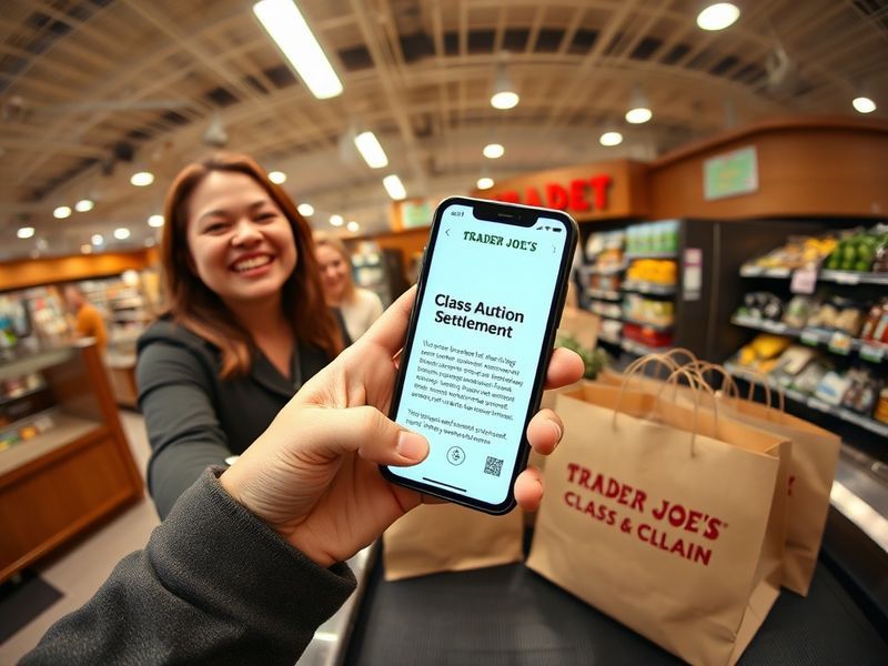 A Trader Joe’s store exterior with a focus on the checkout area, where a customer is reviewing a receipt. The scene is set du