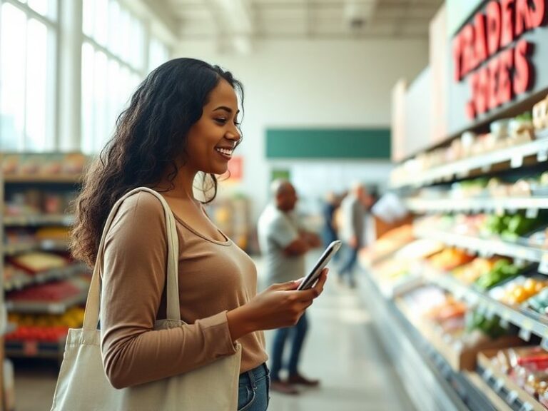 A well-lit Trader Joe's store aisle with shelves stocked with colorful products, a customer checking their receipt, and a mod