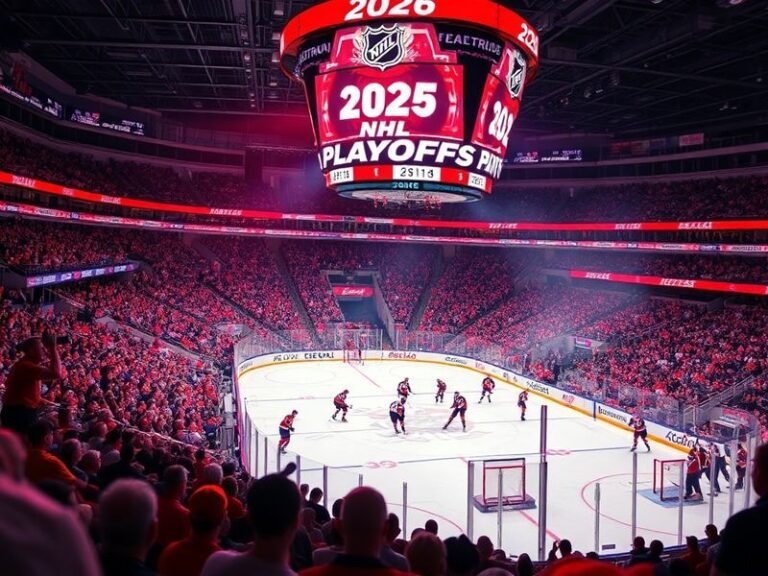 A split-screen image: the left side shows a hockey rink during a playoff game with bright lights and cheering fans, while the