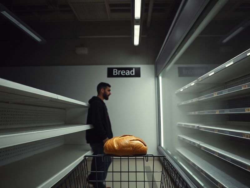 A split-image illustration showing a crowded urban market with empty shelves on one side and a thriving community garden on t