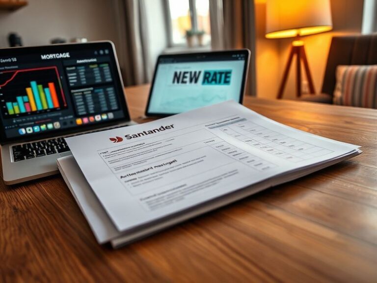 A modern kitchen with a couple reviewing mortgage documents on a tablet, surrounded by financial charts and a 'For Sale' sign
