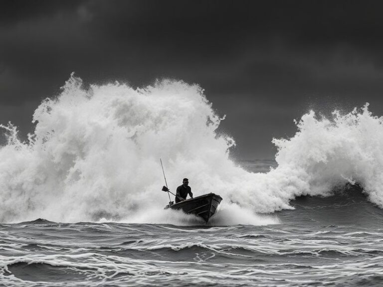 A dramatic scene of a tropical storm approaching a coastal village at dusk, with palm trees bending in the wind, dark clouds