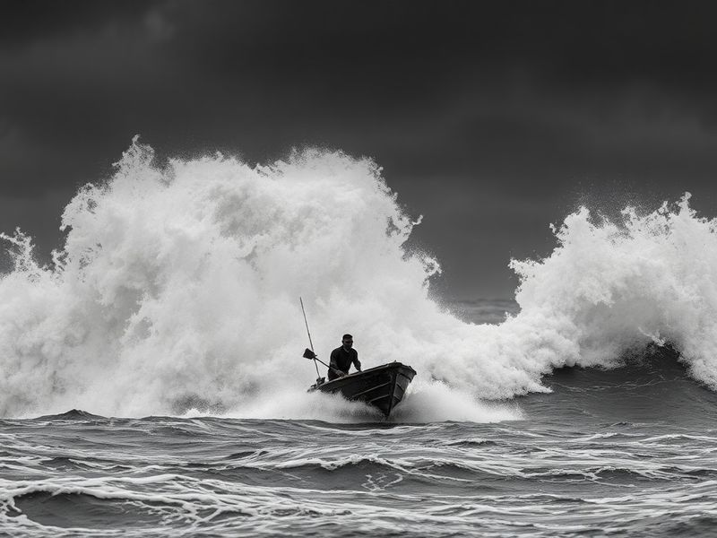A dramatic scene of a tropical storm approaching a coastal village at dusk, with palm trees bending in the wind, dark clouds