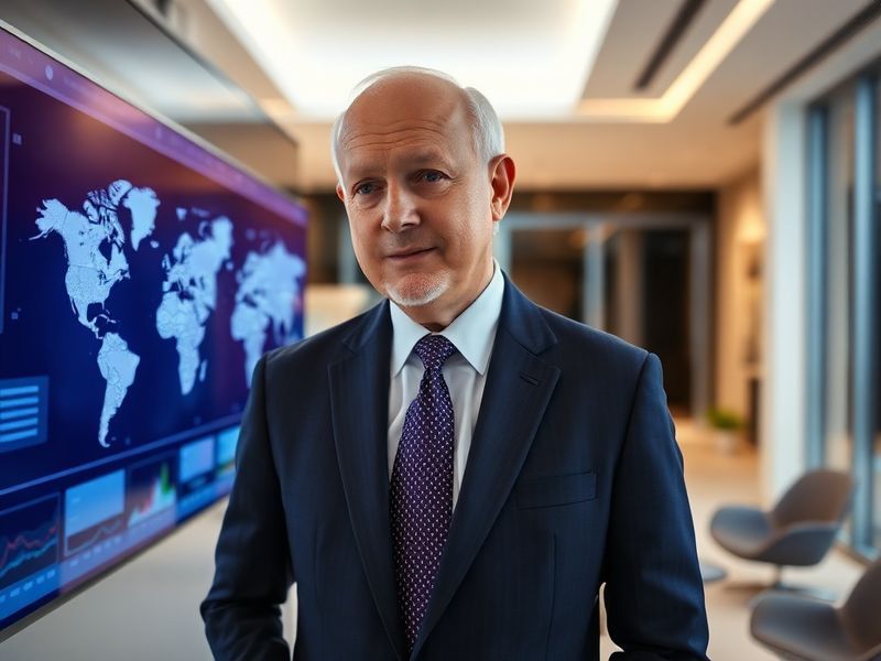 A professional portrait of Mark Mobius in his office, surrounded by financial charts and a globe, with a warm but determined
