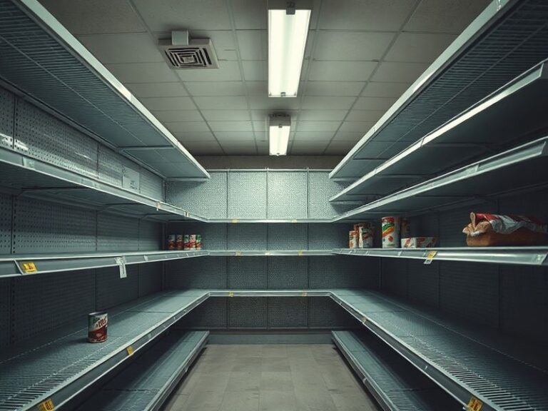 A split-image collage: on the left, a crowded port with ships waiting to unload containers; on the right, a barren wheat fiel