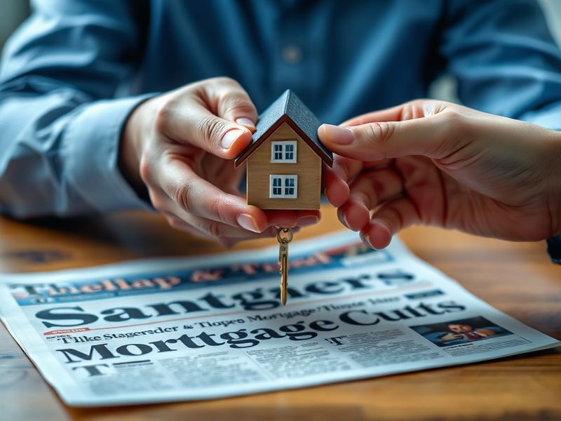 A family reviewing mortgage documents at a kitchen table, with a laptop displaying rate comparison charts, set in a warm, mod