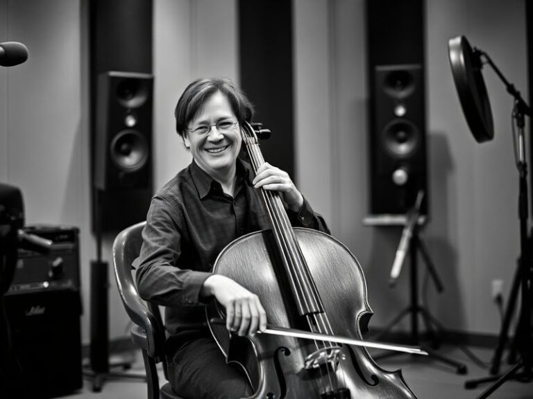 A mid-career portrait of Julian Lloyd Webber performing on stage, holding his cello with a focused expression. The background
