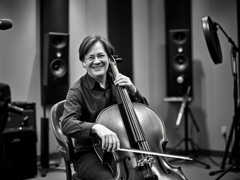 A mid-career portrait of Julian Lloyd Webber performing on stage, holding his cello with a focused expression. The background