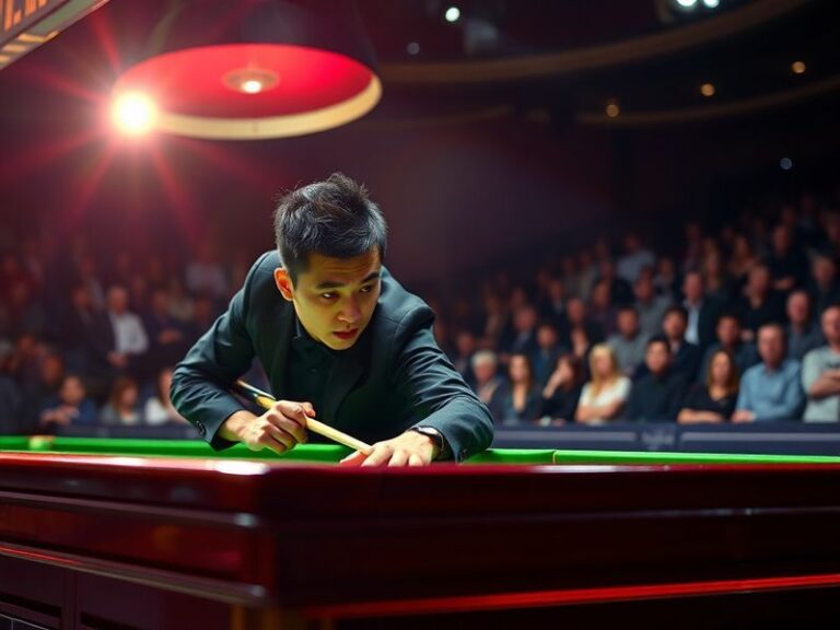 A vibrant, atmospheric shot of the Crucible Theatre during a snooker match, showcasing the iconic red seats, green baize tabl