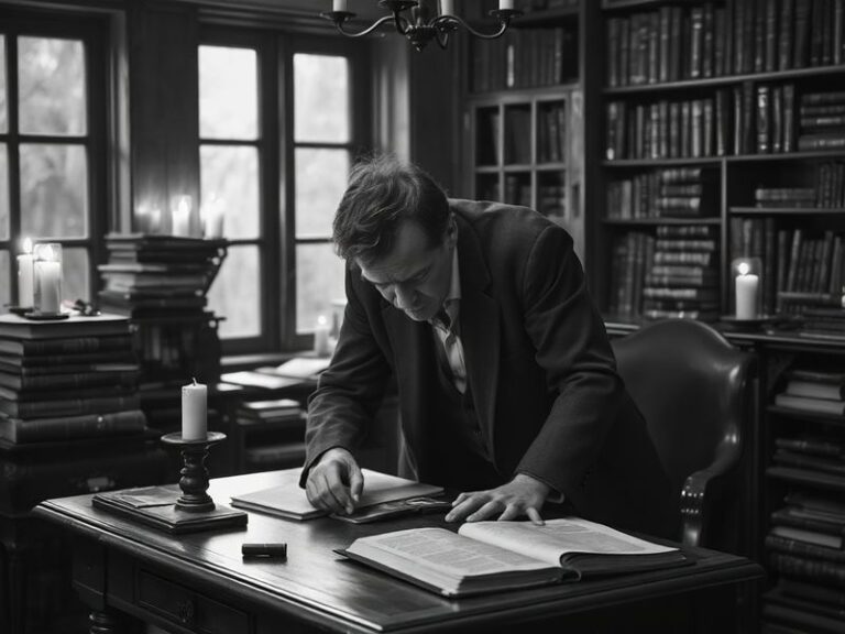 A dark, moody illustration of a quiet English town with a shadowy figure lurking near a church and a suburban home, evoking a