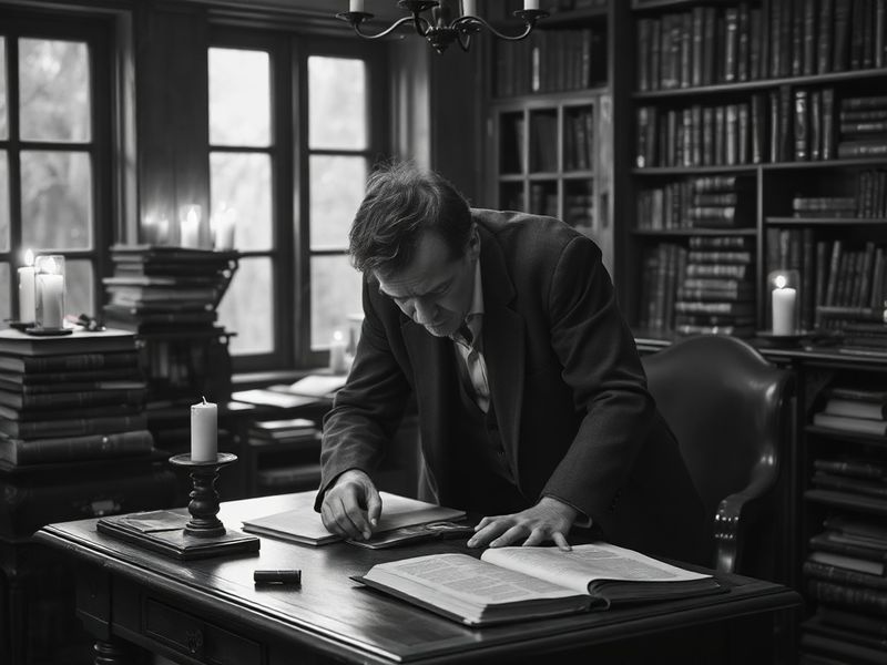 A dark, moody illustration of a quiet English town with a shadowy figure lurking near a church and a suburban home, evoking a