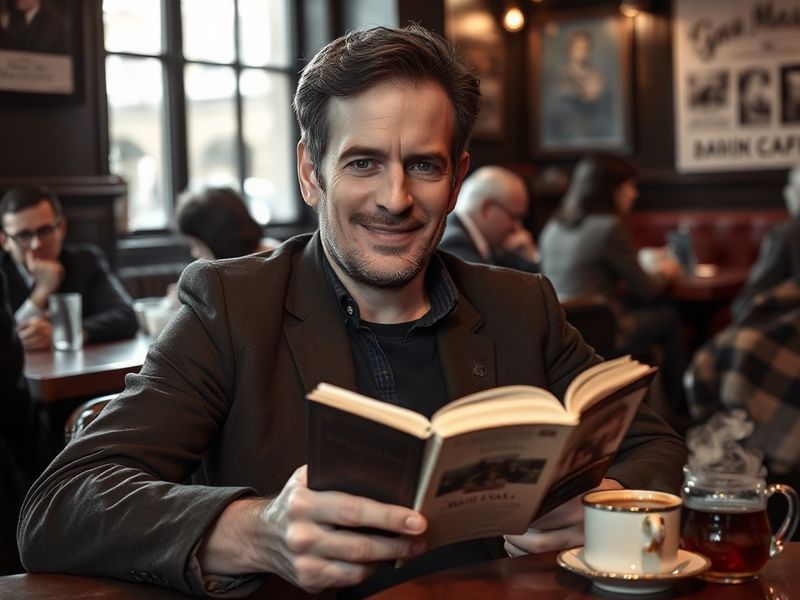 A contemplative portrait of David Szalay in a dimly lit room, surrounded by bookshelves, with a pen and notebook on the table