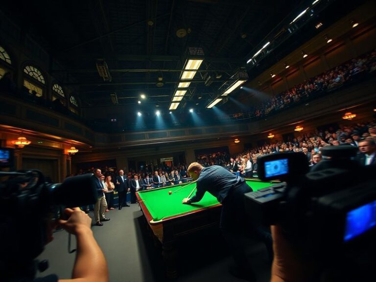 A vibrant, cinematic shot of the Crucible Theatre during a snooker match, with players in mid-action, the green baize table s
