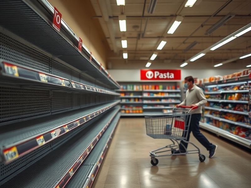A busy UK supermarket aisle with empty shelves and low stock levels, dim lighting highlighting sparse product displays, shopp