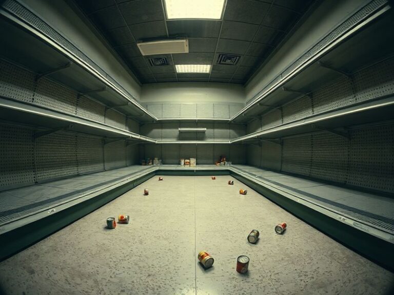 A busy UK supermarket aisle with sparse shelves, dim lighting, and a few shoppers looking concerned. In the background, a dig