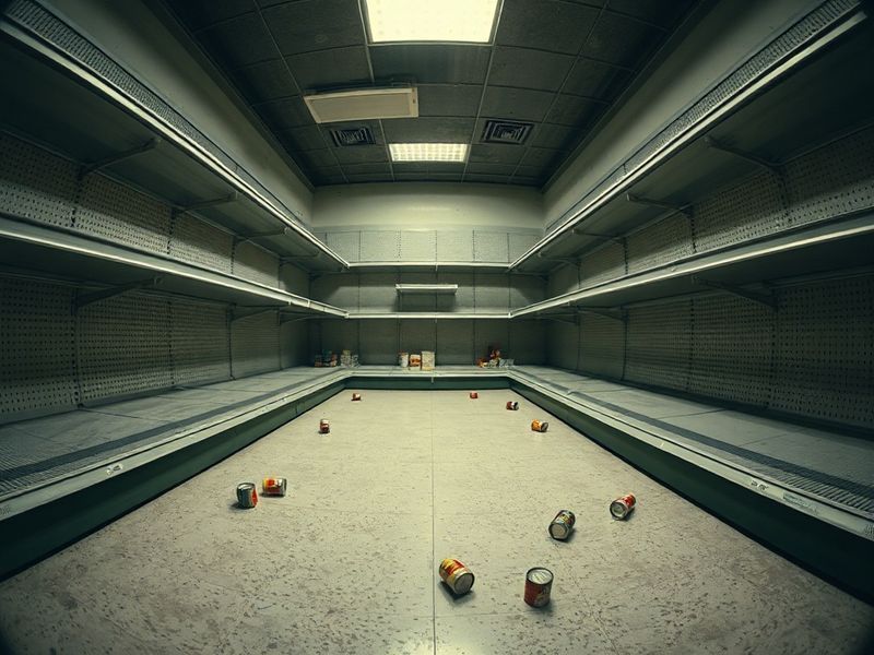 A busy UK supermarket aisle with sparse shelves, dim lighting, and a few shoppers looking concerned. In the background, a dig