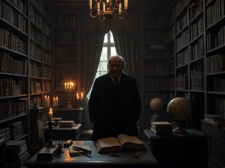 A moody, cinematic shot of an Oxfordshire street at dusk, with a shadowy figure walking away from the camera. The scene inclu