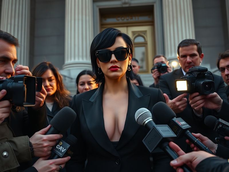 A split-image illustration: on one side, Katy Perry performing on stage with a spotlight, and on the other, a shadowy figure