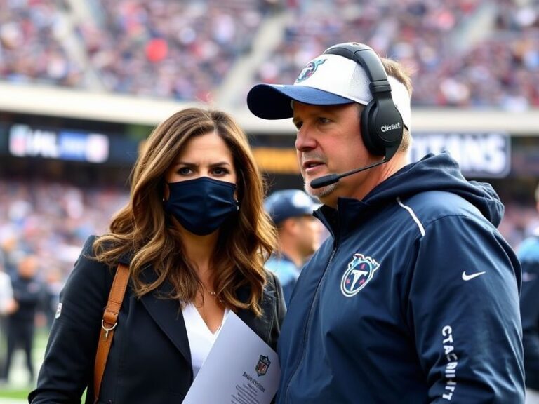 A candid photo of ESPN sideline reporter Dianna Russini speaking with Tennessee Titans head coach Mike Vrabel on the field du