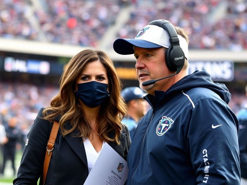 A candid photo of ESPN sideline reporter Dianna Russini speaking with Tennessee Titans head coach Mike Vrabel on the field du