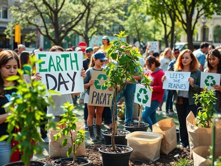 A diverse group of people planting trees in a sunny urban park, with banners reading 'Planet vs. Plastics' and 'Earth Day 202