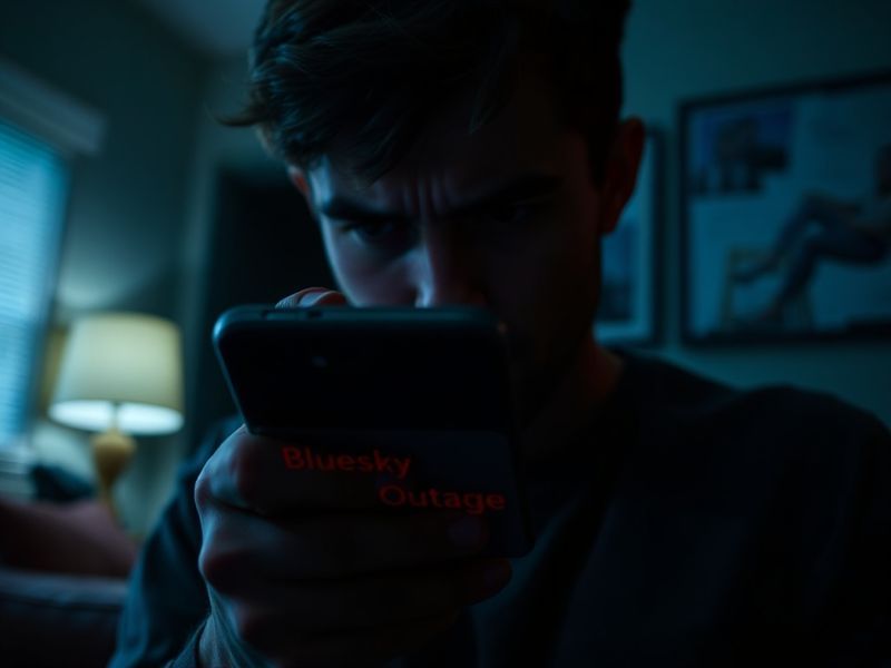 A split-screen image showing a frustrated user staring at a loading screen on Bluesky, juxtaposed with a server room filled w
