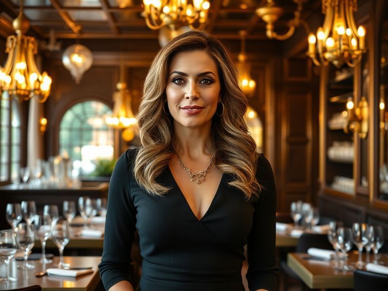 A stylish portrait of Lisa Vanderpump in a luxurious setting, such as a high-end restaurant or a glamorous outdoor patio, wit