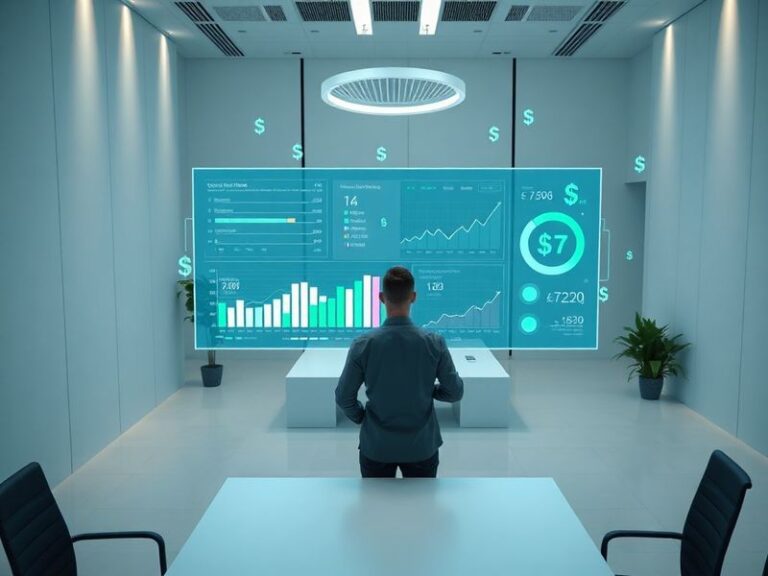 A modern office setting with a digital dashboard displaying revenue analytics, charts, and graphs. The scene includes a diver