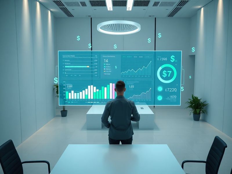A modern office setting with a digital dashboard displaying revenue analytics, charts, and graphs. The scene includes a diver
