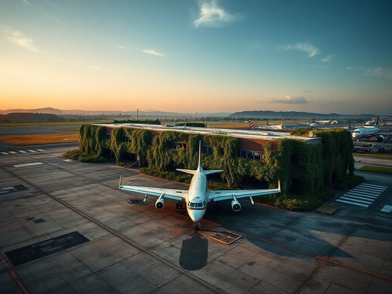 Aerial view of Santiago Compostela Airport with visible runway cracks and closed terminal signs, surrounded by green Galician