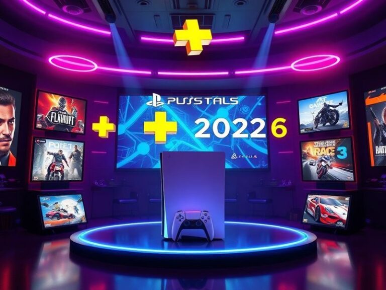 A split-screen image showing a PS5 DualSense controller on the left and a curated game library interface on the right, with a