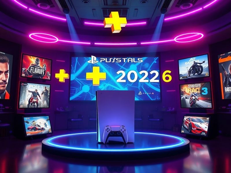 A split-screen image showing a PS5 DualSense controller on the left and a curated game library interface on the right, with a