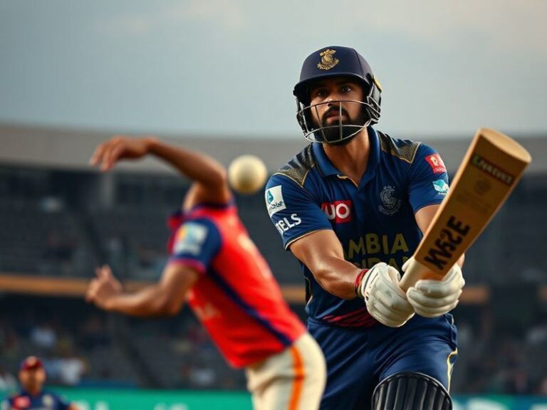 A dynamic cricket stadium scene at night, showing MI and PBKS players in action, with a dramatic sky and packed stands to emp